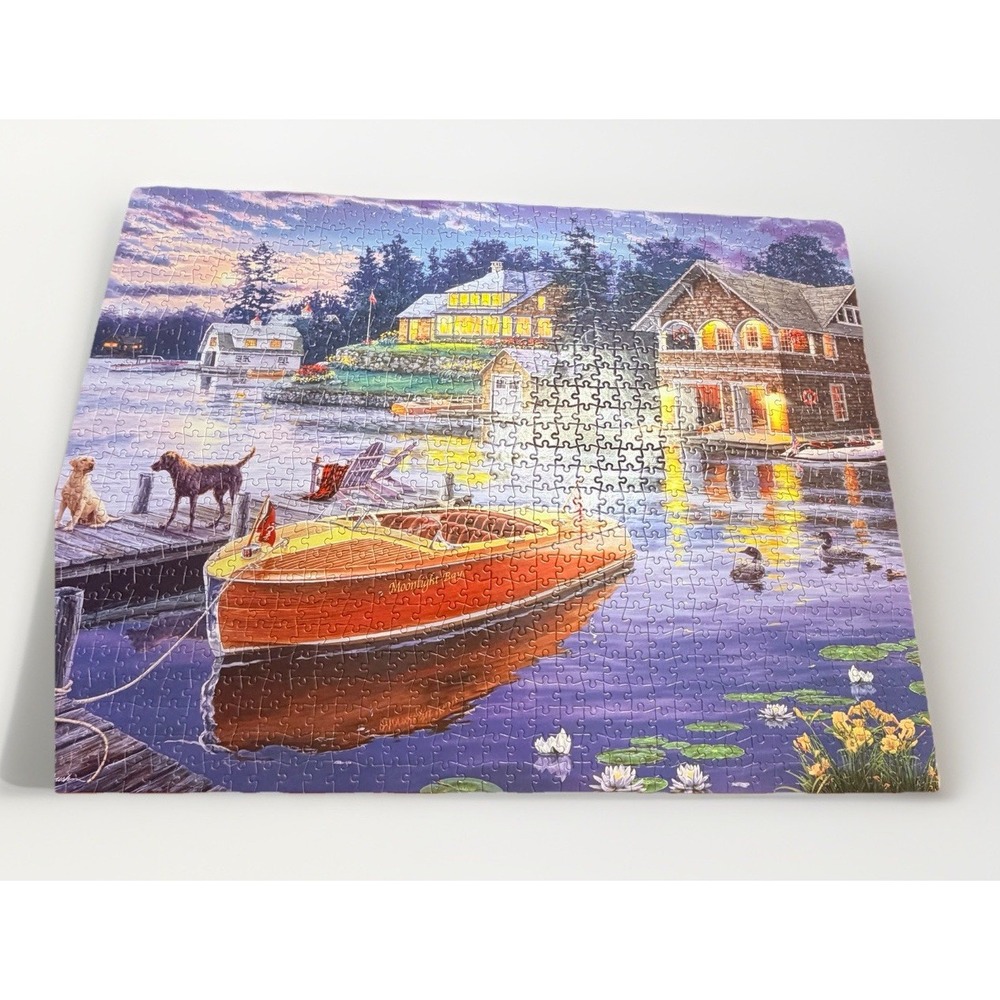 Boat Lake 1000 Piece Puzzle Darrell Bush Sunset Artwork Complete w Poster Cabin